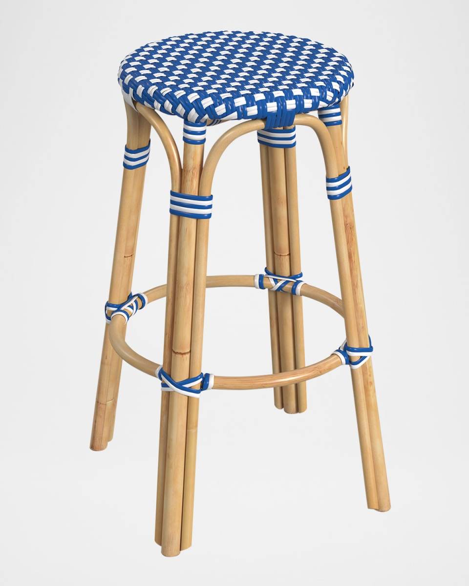 Tobias 30" Rattan Bar Stool, Bright Blue/White Dot